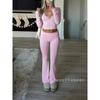 Women's V Neck Long Sleeve Crop Top High Waist Flare Pants 2 Piece Lounge Set