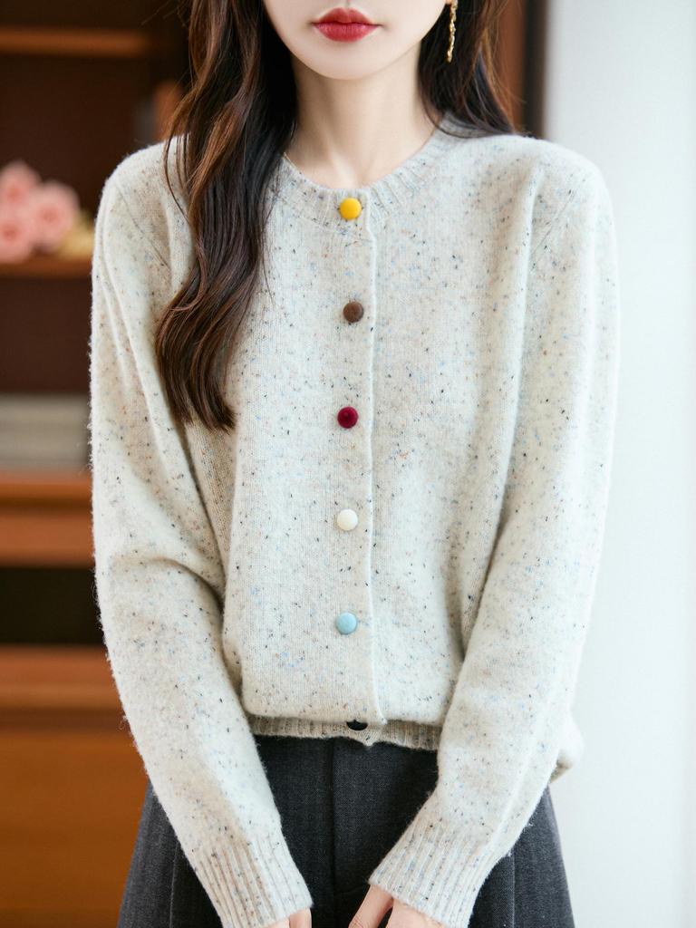 Women's Heavyweight Wool Cardigan with Colorful Buttons and Dot Yarn - Warm Autumn Winter Outerwear Sweater Coat