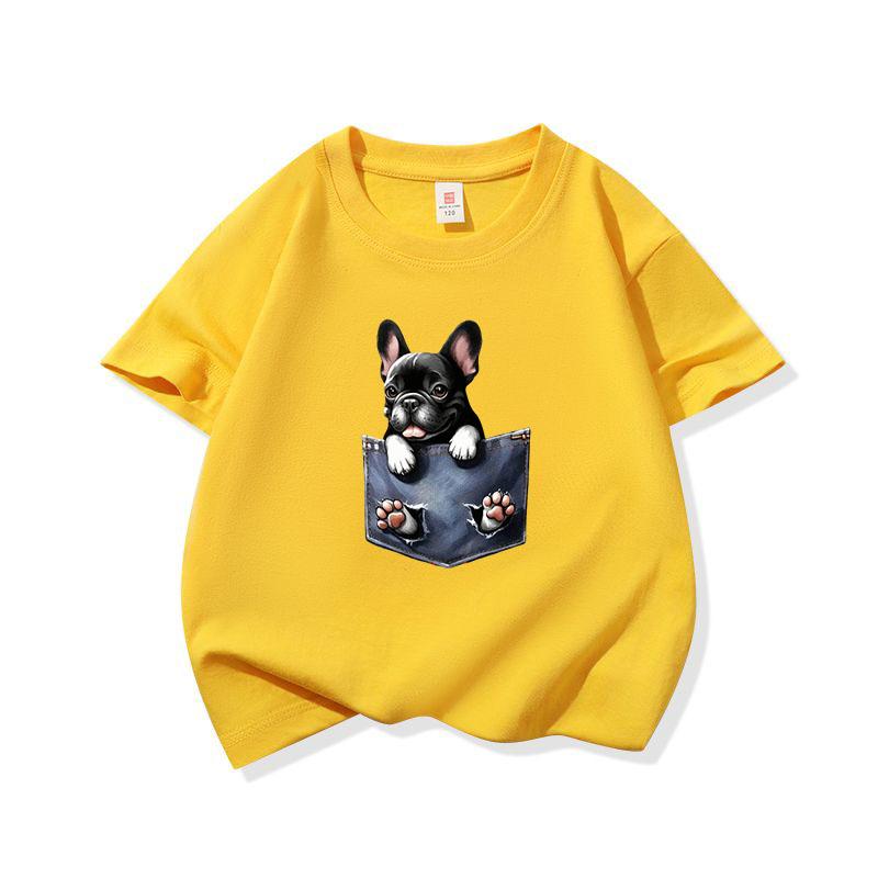 Kids Cotton T Shirt Adorable Pocket French Bulldog Pattern Crew Neck Short Sleeve Tee Casual Boys Girls Summer Tops 100