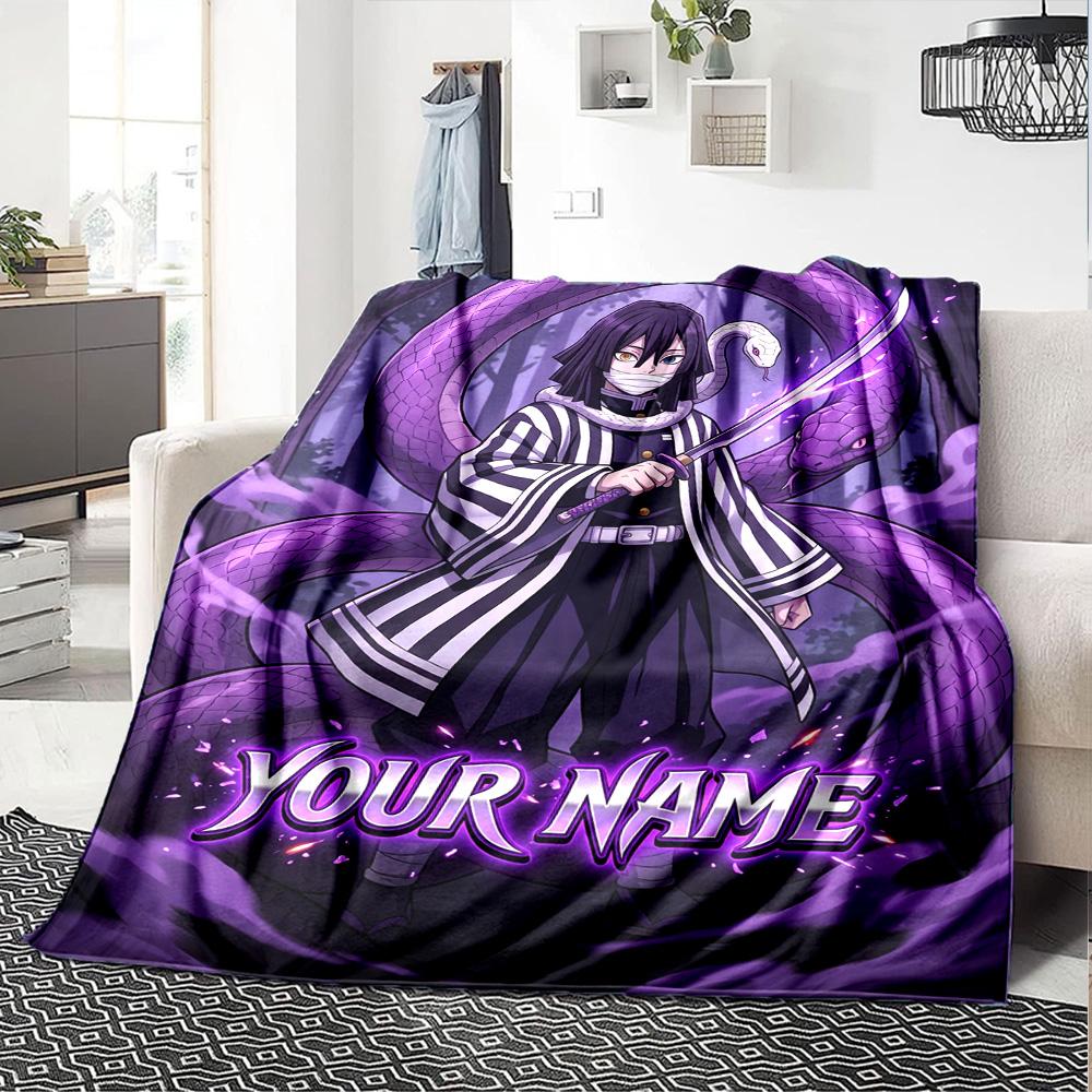 1pc Iguro Obanai Blanket with Custom Name, Gift, for Men and Women, Soft Blanket, Good for Sofa Bed Couch Travel, Lightweight Flannel Blanket