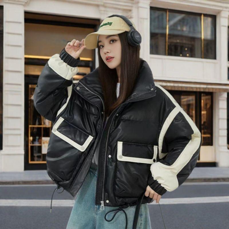 Winter PU Leather Jacket Stand Collar Short Loose Fit Sporty Padded Coat for Women