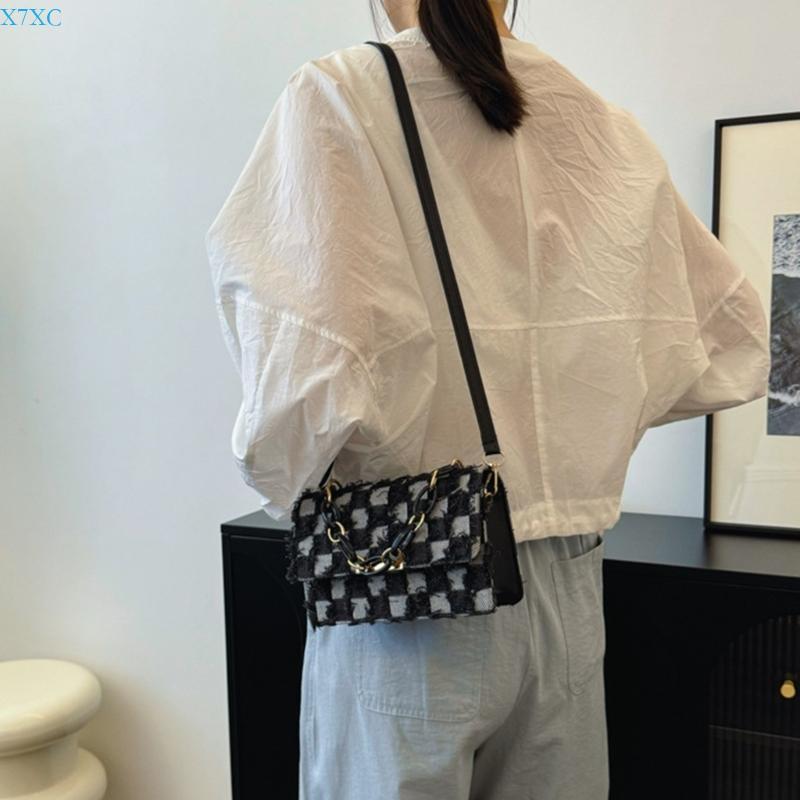 X7XC Korean Shoulder Bag with Adjustable Strap for Womens Chain Handle Denims Tassels Handbag Checkered Jeans Crossbody Purse
