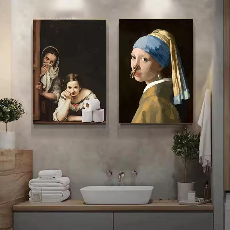 Funny Bathroom Toilet Canvas Painting Mona Lisa Wearing Pearls Girl with Roll Paper Canvas Poster and Prints Posters Home Decor