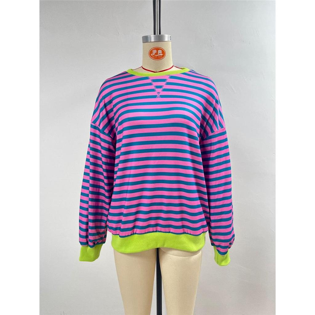 Women's Simple Home Casual Striped Pattern Round Neck Trendy Long-sleeved Pullover Color Block T-shirt