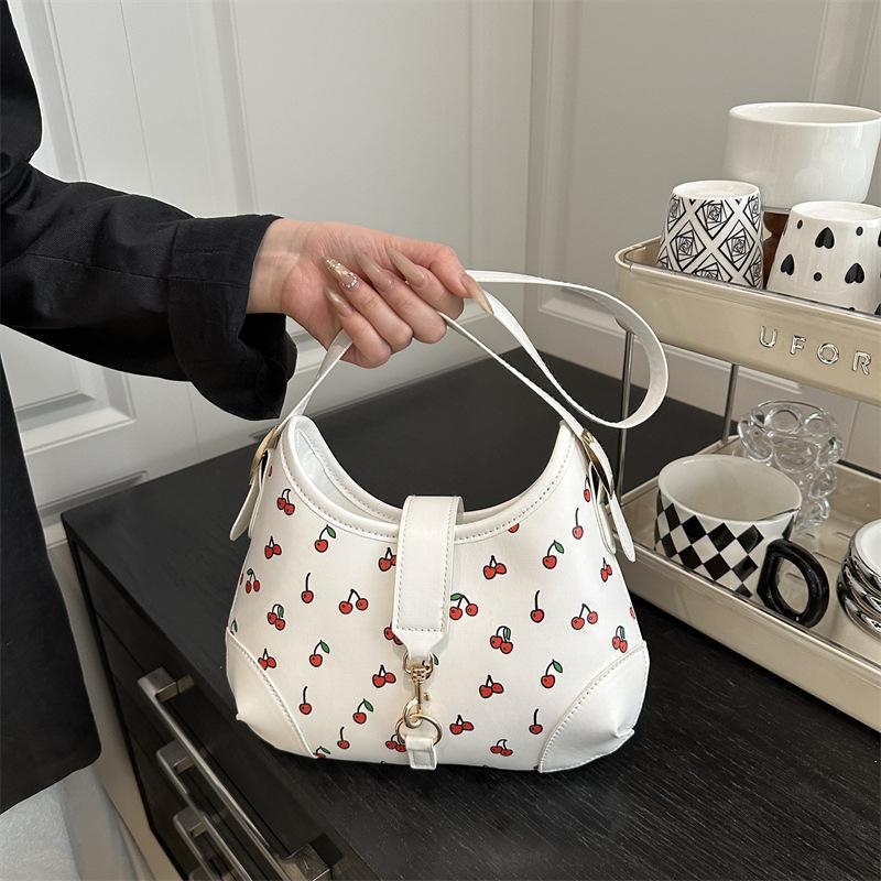 New small and fresh cherry pattern ctrasting crescent bag, fashiable and versatile underarm bag, daily casual shoulder bag