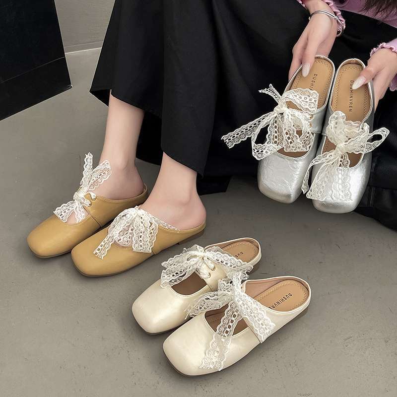 French temperament bag head half bow lace slippers women's outer wear 2025 spring new Xiaoxiangfeng square head sandals