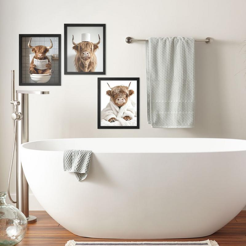 Tin Sign Scottish Highland Cow In Toilet Reading Newspaper Bathroom Humour, Funny Bathroom Toilet Whimsy Animal Sign