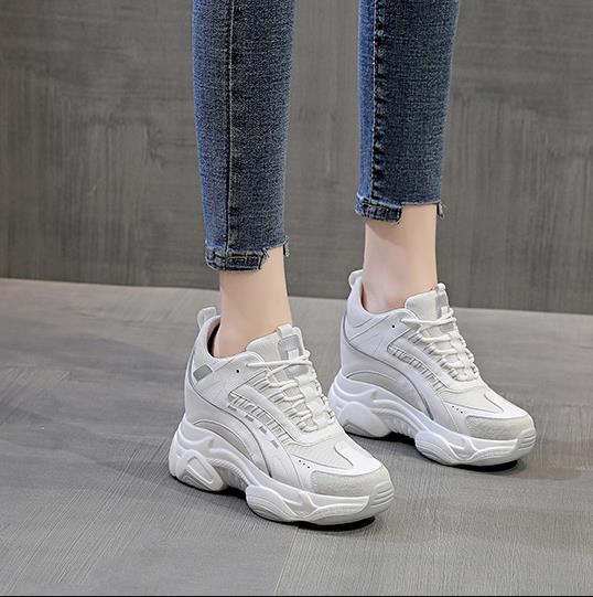 Fashion 2025 Platform Wedge Sneakers Chunky Shoes Dad Genuine Leather 9cm Heel Increased Height Vulcanized Shoes Boots
