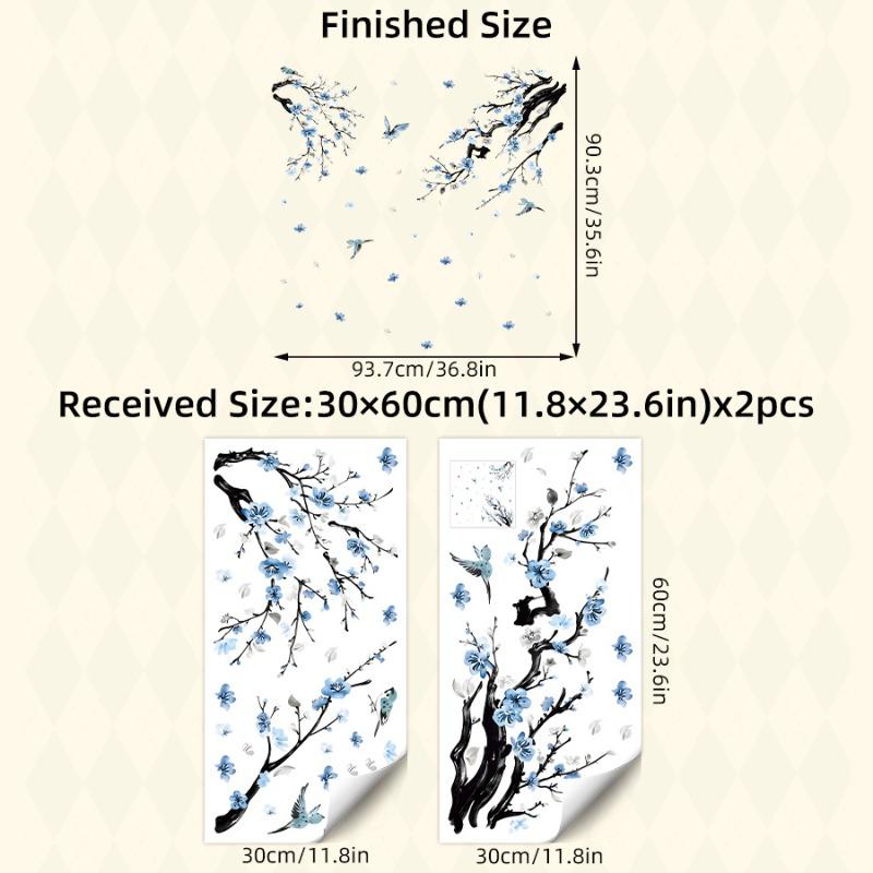 Branch and Bird Cherry Blossom Wall Stickers Self-Adhesive Peach Flower Wallpaper Decals for Living Room Bedroom Home Decor
