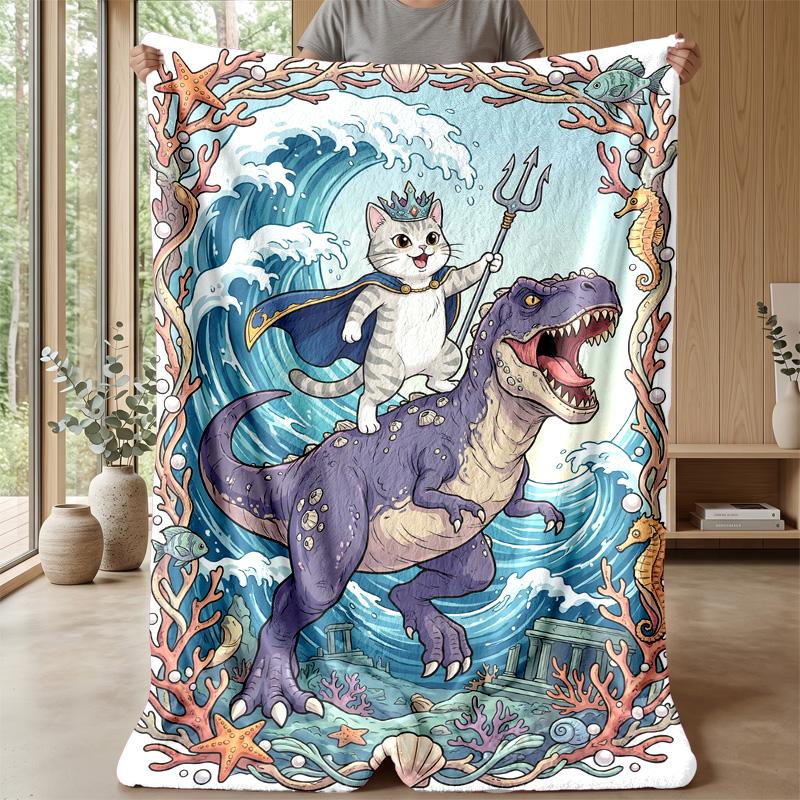 Kitty King On Dino Theme Blanket Lightweight Warm Flannel Blanket Decorative Throw Blanket for Home Decoration