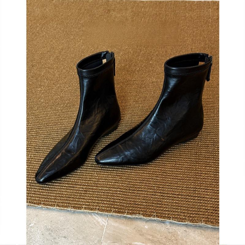 Retro Low-heeled Short Boots Femininity Pointed Elastic Thin Boots Slope Heel Flat Bottom Versatile Short Boots Autumn and Winter