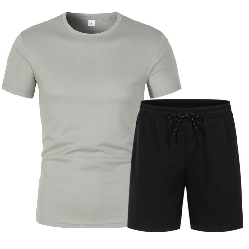 Mesh Short-sleeved Suit Summer Men's 2-piece Breathable Jersey T-shirt Sports Five-point Shorts Solid Color Casual Suit