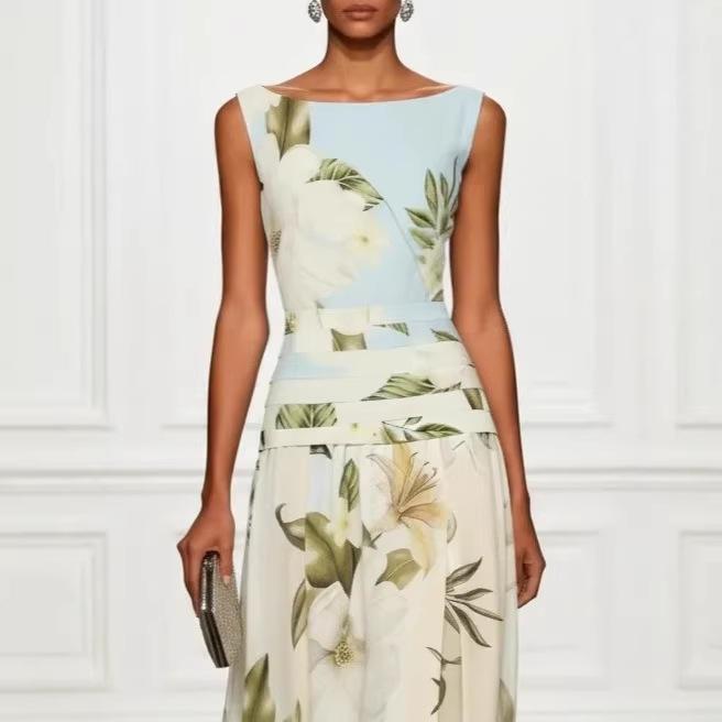 European and American summer 2026 sexy v-neck retro flower print women's dress sleeveless backless waist dress
