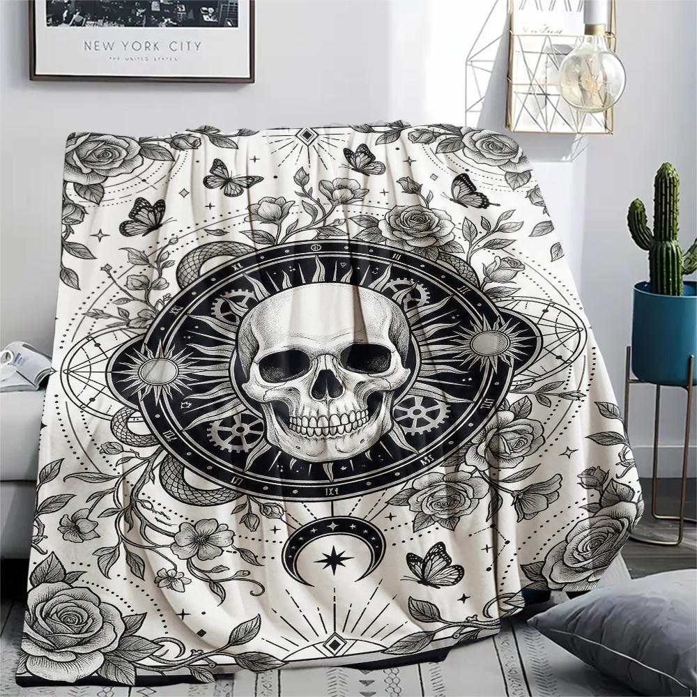 Skull Gothic Print Flannel Blanket, High Quality Comfortable for All Seasons, Home Decor, Warmth and Comfort, Perfect for Christmas Gifts102