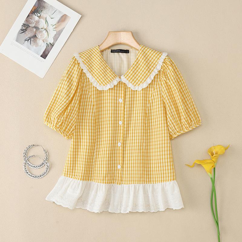 

ZANZEA Women Casual Turn Down Collar Summer Short Sleeve Grid Blouse S жёлтый