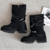 New ArrivalS Open Run Women S Black Leather Mid bootS Buckle Decoration