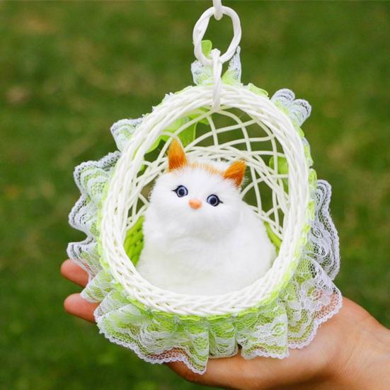 Cat In Flower Basket Model High Fidelity Fuzzy Kitty Shirring Lace Decor Battery-operated Soft Touch Plush Squeaking Feature Toy Figurine Holiday