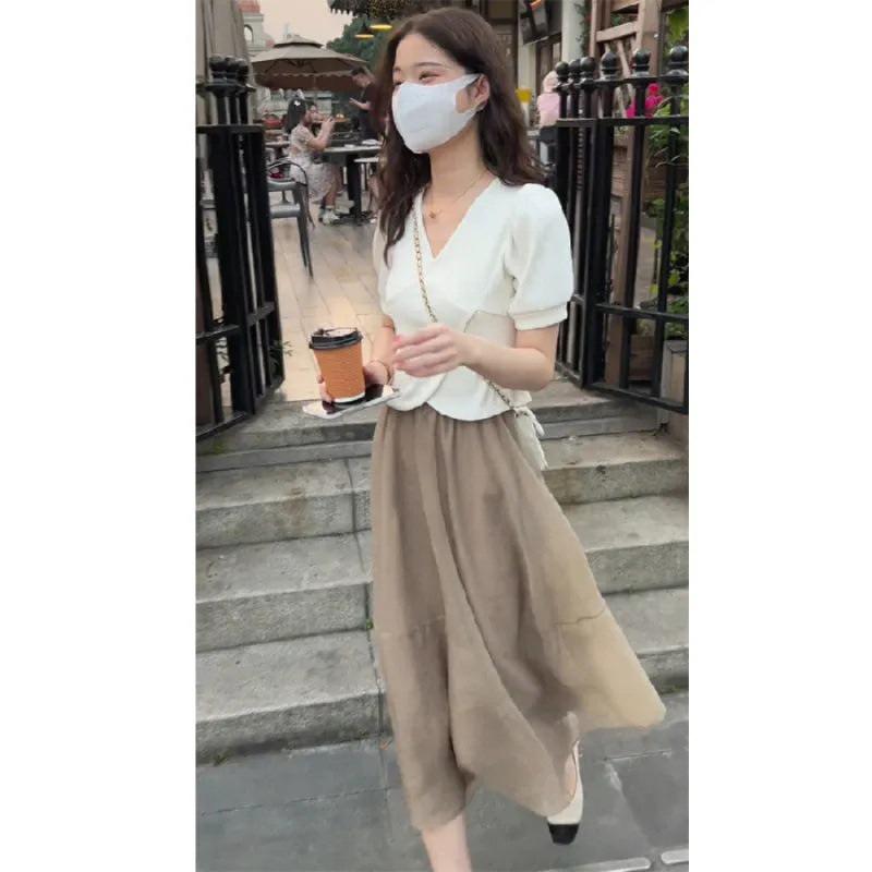 Influencer Women's Summer Two-Piece Set: Short Sleeve Crop Top & High Waist Midi Skirt