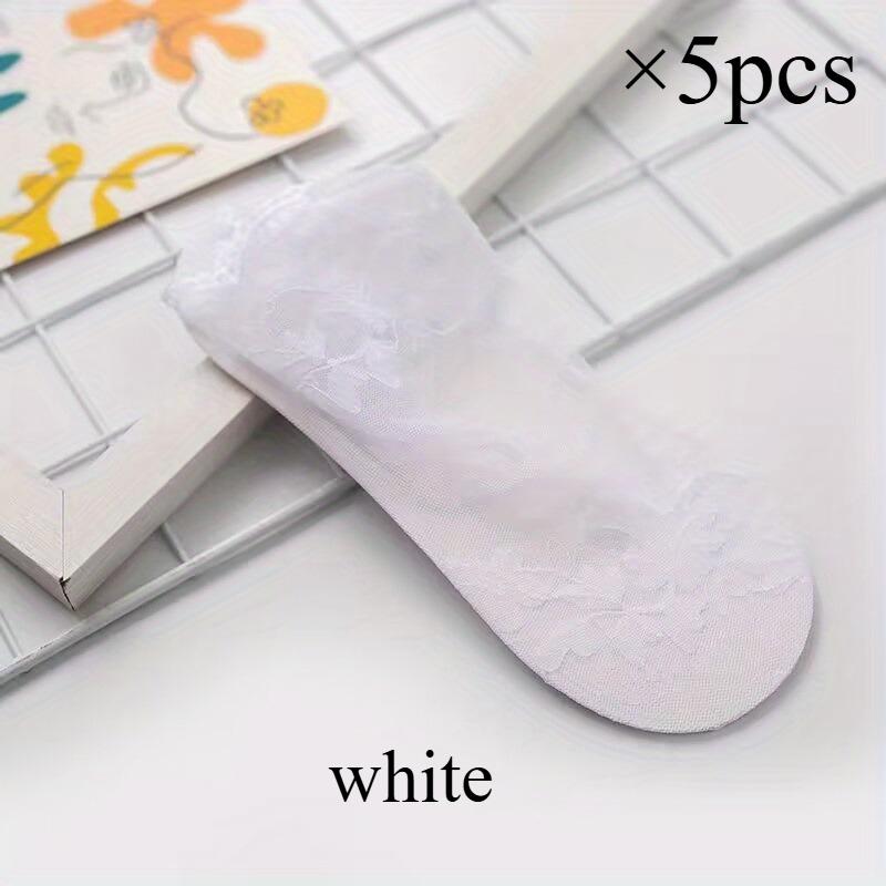 5 Pairs of Women's Summer Thin Lace Edge Mid-tube Boat Socks, Hollow and Breathable Leaf Pattern Mesh Anti-skid Design