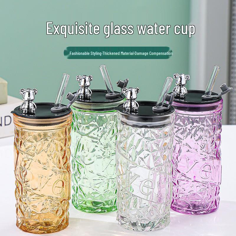 Diamond Bear Large Capacity Ins Style Glass Straw Cup - High Value Gift 400ml жёлтый
