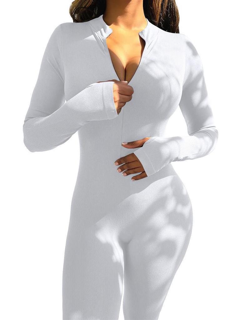 Women's Ribbed Elastic Slim-fit Long Sleeve Sport Yoga Jumpsuit with Invisible Zipper