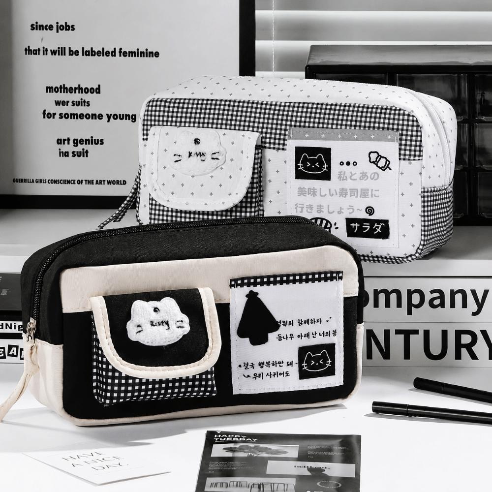 Multi-Pocket Pen Bag Plaid Design Pencil Pouch Portable Pencil Case  School Supplies