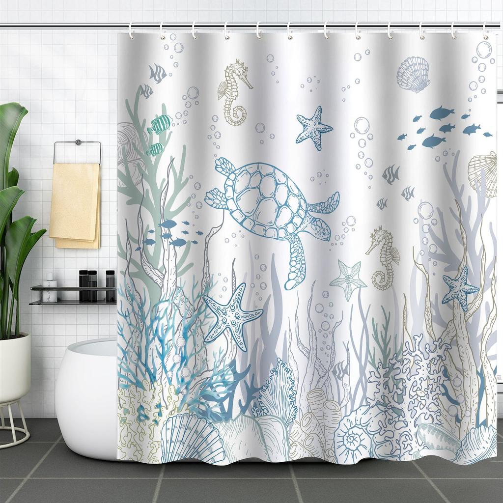 Shower Curtain Waterproof And Mildew-Proof Digital Printing Starfish Shell Shower Curtain Bathroom Partition Curtain Free Punching