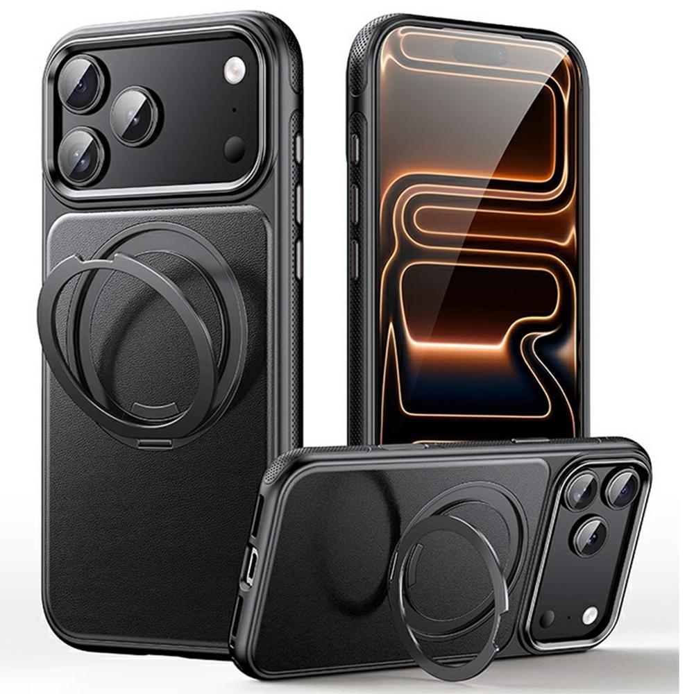 For iPhone 17 Pro Case Compatible with MagSafe Rotating Kickstand Litchi Texture PC TPU Phone Cover