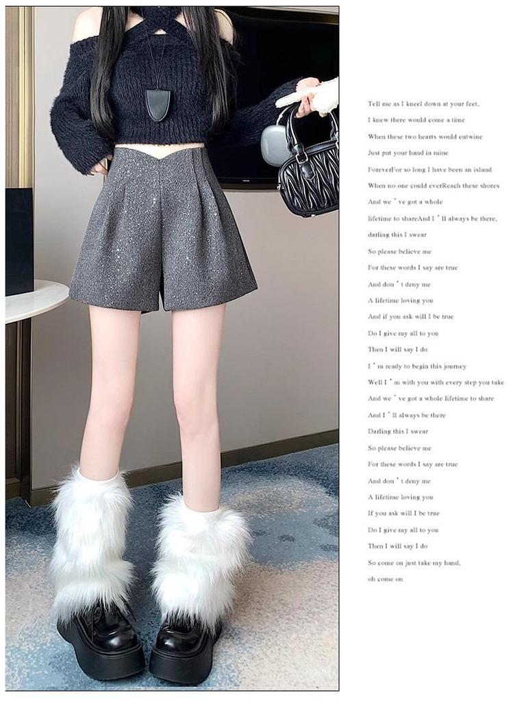 Women's High-Waisted Sequin Tweed Wide-Leg Shorts, Autumn/Winter 2025, Plus Size Slimming Design