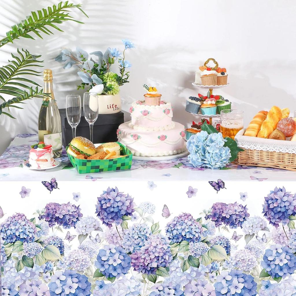 Peryiter 3 Pcs Spring Hydrangea Plastic Tablecloths Watercolor Flower Butterfly Tablecloth Disposable Table Cover Floral Table Cloth for Easter