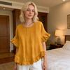 Damen Oberteile Rundhals Kurzarm Lockerer Schnitt Pullover Oberteile Einfarbige Rüschensaum Bündchen Lässige Bluse Tägliche Kleidung