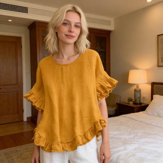 Damen Oberteile Rundhals Kurzarm Lockerer Schnitt Pullover Oberteile Einfarbige Rüschensaum Bündchen Lässige Bluse Tägliche Kleidung
