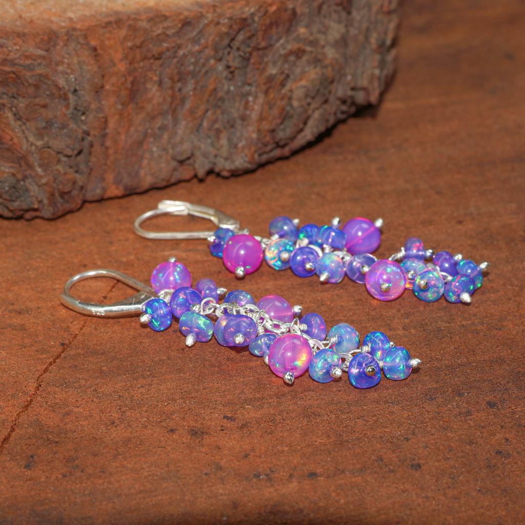 AAA Purple and Lavender Multifire Opal Cluster Earring, Opal Gemstone Handmade Beads Earring, Birthstone Earring for Women, Delicate Gift
