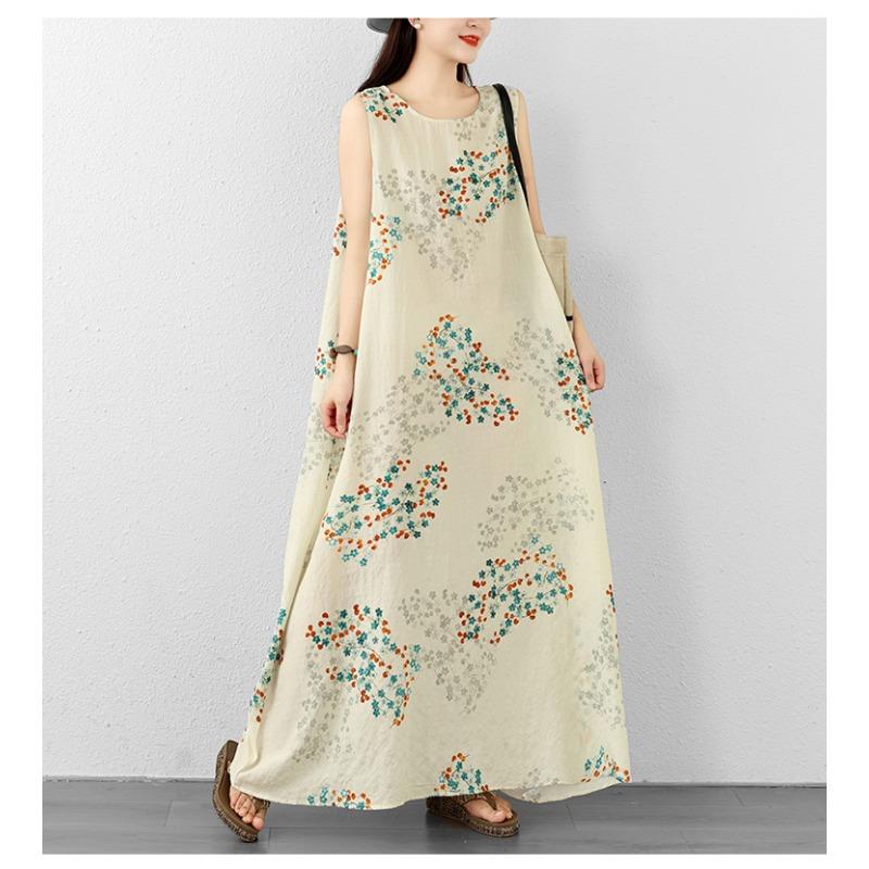 DIMANAF New 2026 Women Plus Size Summer Beach Lady Long Dress Vest Sleeveless Maxi Floral Print Sundress Loose Oversize Clothing