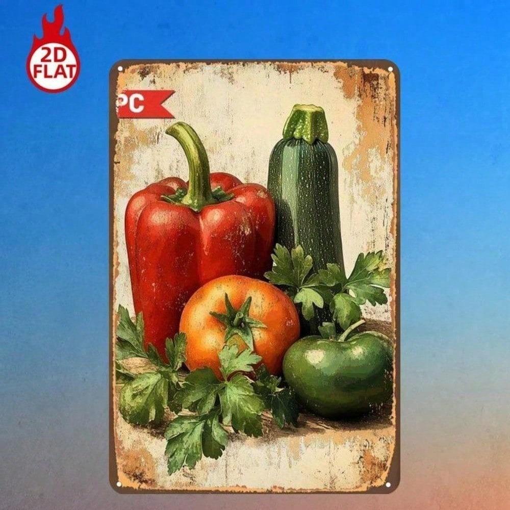 1pc Fresh Vegetables Metal Sign 8x12 Rustic Farmhouse Wall Decor Vintage Bell Pepper Tomato Cucumber Green Apple Tin Plaque