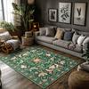 Dark Green Floral Bird Rug, Bohemian Garden Pattern Non-Slip Carpet, Pink Accent Living Room Mat for Nature Home Decor