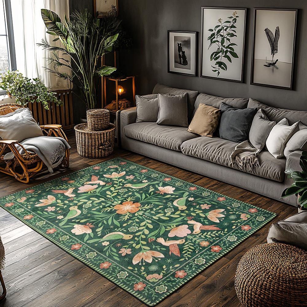

Dark Green Floral Bird Rug, Bohemian Garden Pattern Non-Slip Carpet, Pink Accent Living Room Mat for Nature Home Decor 50x80cm20x31in