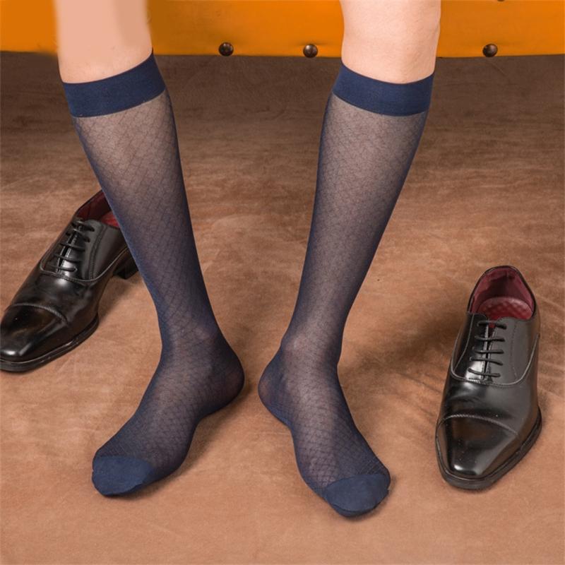 Elegant Mens Sheer Diamond Pattern Dress Socks See Through Nylon Business Formal Wear Thin Long Tube Over the Calf Socks