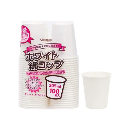 Sunnap Paper Cups, White, 205ml, Pack of 100, White, for Commercial Use, Large Capacity, Approx. 15 x 15 x 20cm