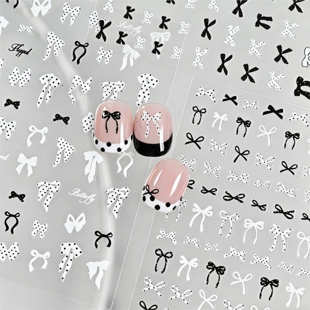 6pcs 3D Black White Bow French Nail Stickers Cute Polka Dot Bowtie Ribbon Nail Decals 8*10cm Self-Adhesive DIY Manicure Charms