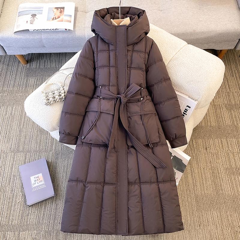 

Модная женская зимняя куртка с капюшоном, толстая теплая повседневная зимняя куртка, женские длинные парки с поясом L