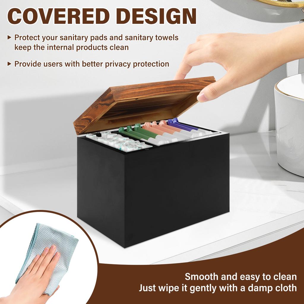 Wood Tampon Holder Bathroom Pad and Tampon Storage Box with Lid Feminine Product Organizer for Toilet Desktop Decor