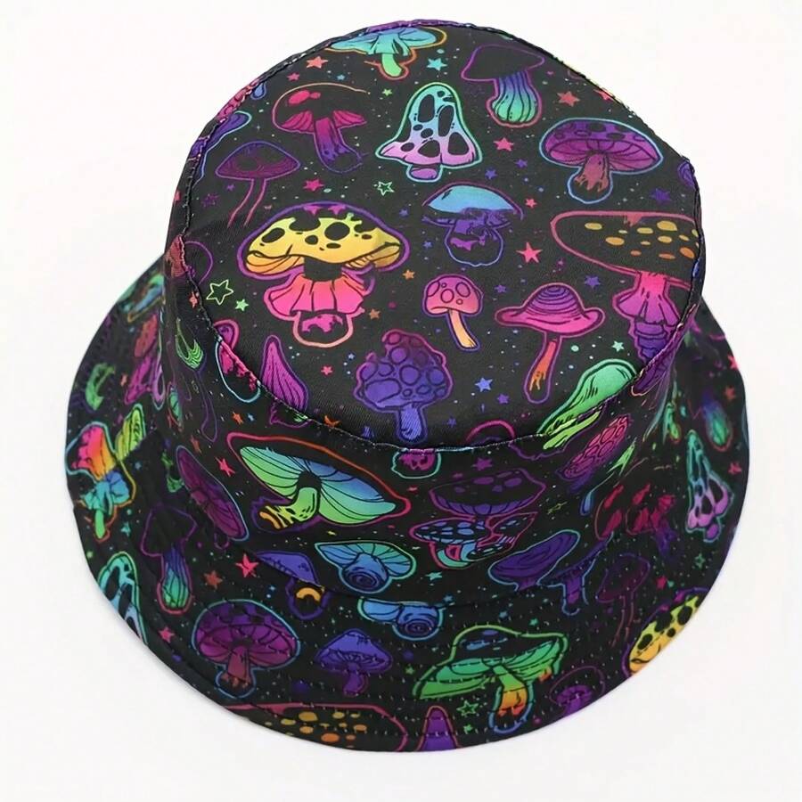 Adult Bucket Hat With Cartoon Mushroom Print, Lightweight Breathable Polyester Fisherman Cap For Outdoor