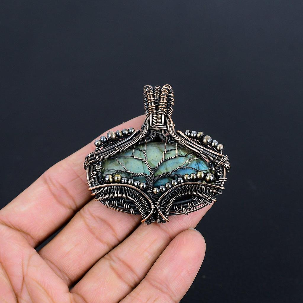 Labradorite Pendant, Handmade Gemstone 999 Copper Wire Wrapped Pendant Antique Jewelry, For Gift Silver Jewelry