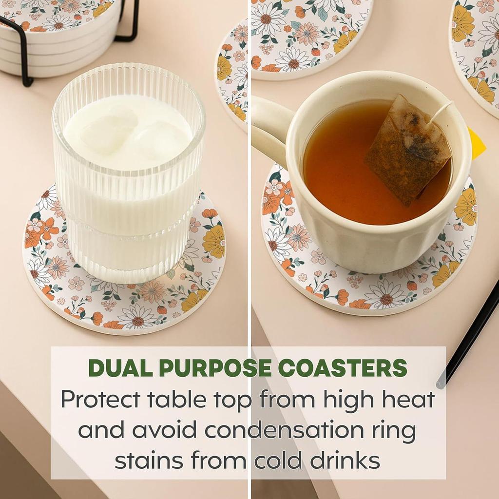 Ceramic Coasters with Matt Finish On Top & Cork Base | Coasters for Cups Set of 6 |