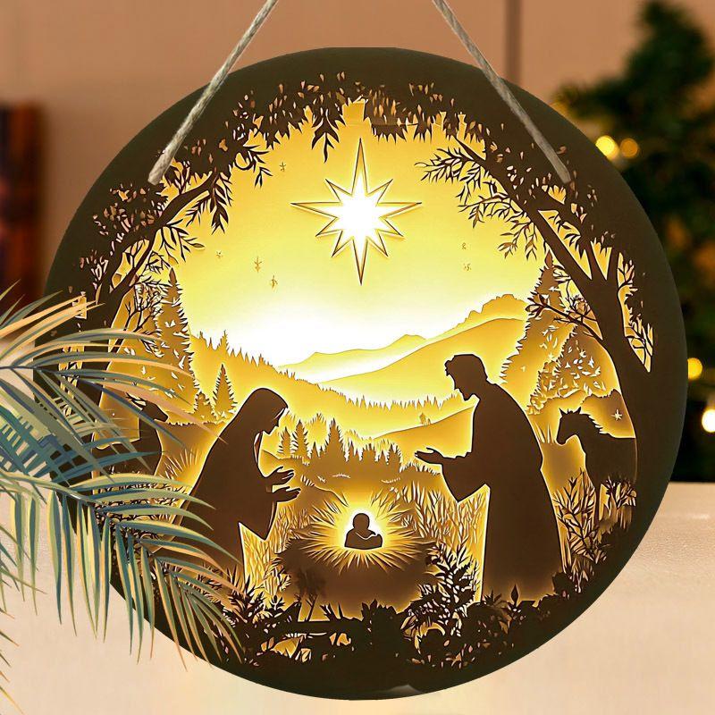 Hellig natt Krybbespill anheng, dekorasjon av hjemmevegger eller dører, 2d flatt tre, juledekorasjon, gaver til venner og familie