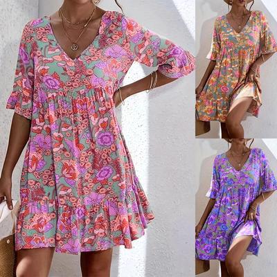 Κομψό Γυναικείο Casual Φόρεμα με V Λαιμόκοψη και Floral Εκτύπωση