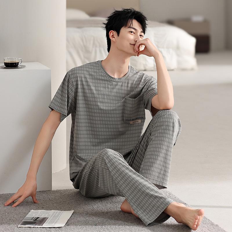 Men's pajamas summer cotton short-sleeved trousers 1011 new thin youth large-size loungewear suit
