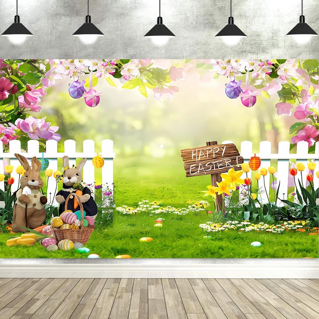Spring Easter Photography Backdrop Garden Bunny Colorful Eggs Floral Grass Flower Stand Background Rabbit Flag Photo Tapestry
