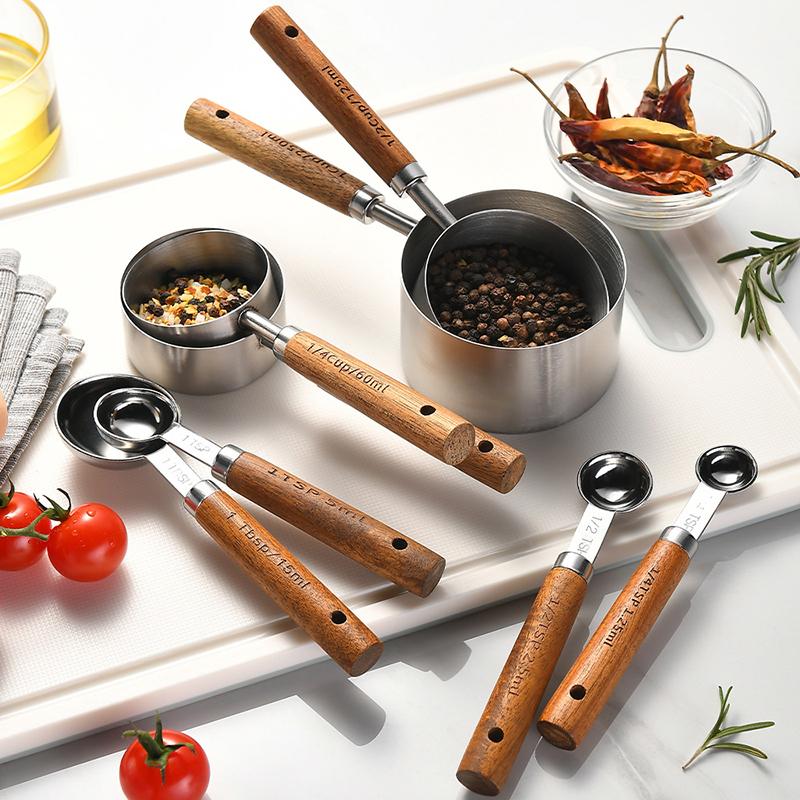 4/8Pcs Wooden Handle Stainless Steel Measuring Cups Spoons Baking Tools Coffee Measuring Spoon Set Bartending Scale Accessories
